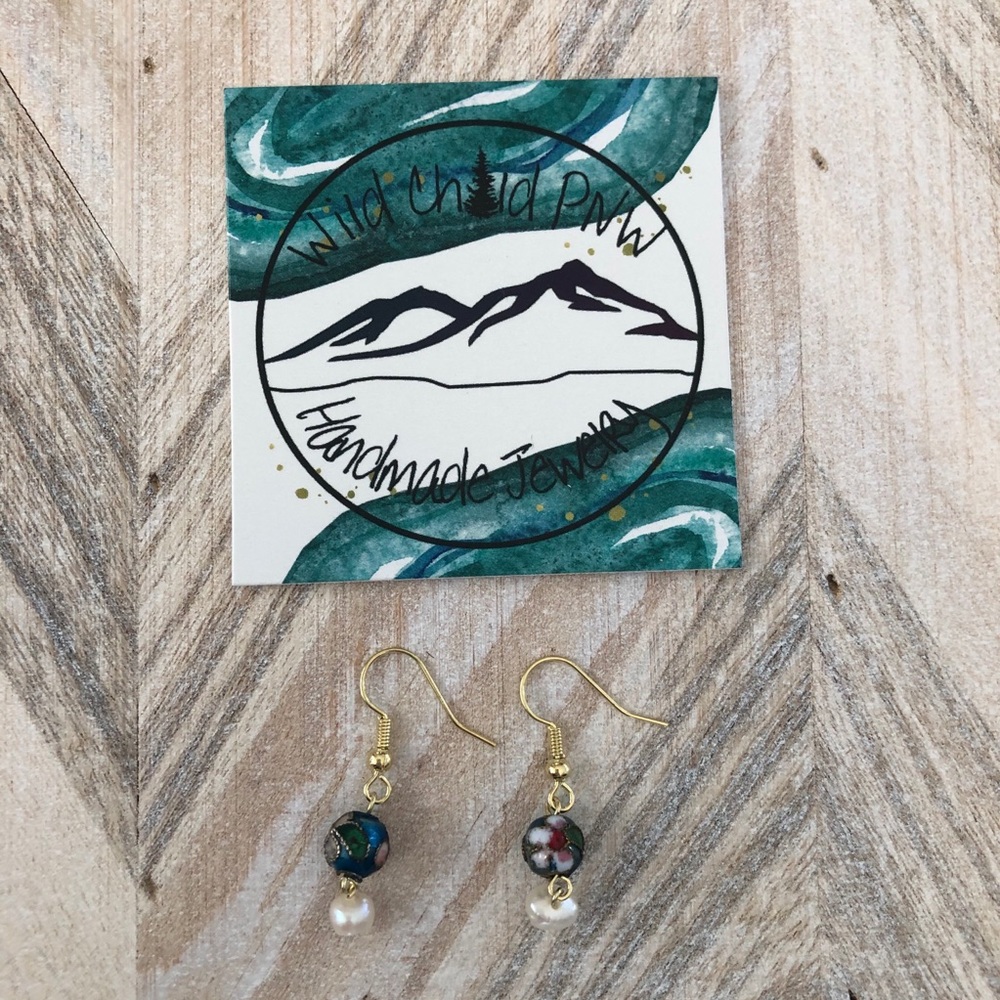 Blue Cloisonné and Freshwater Pearl Gold Earrings